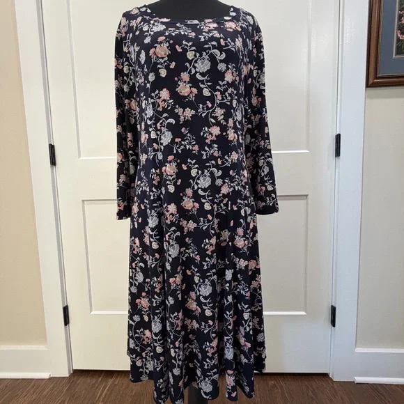 Karen Kane 3/4 Length Sleeves Navy Dress with Pink & Gray Floral Print - Picture 1 of 4